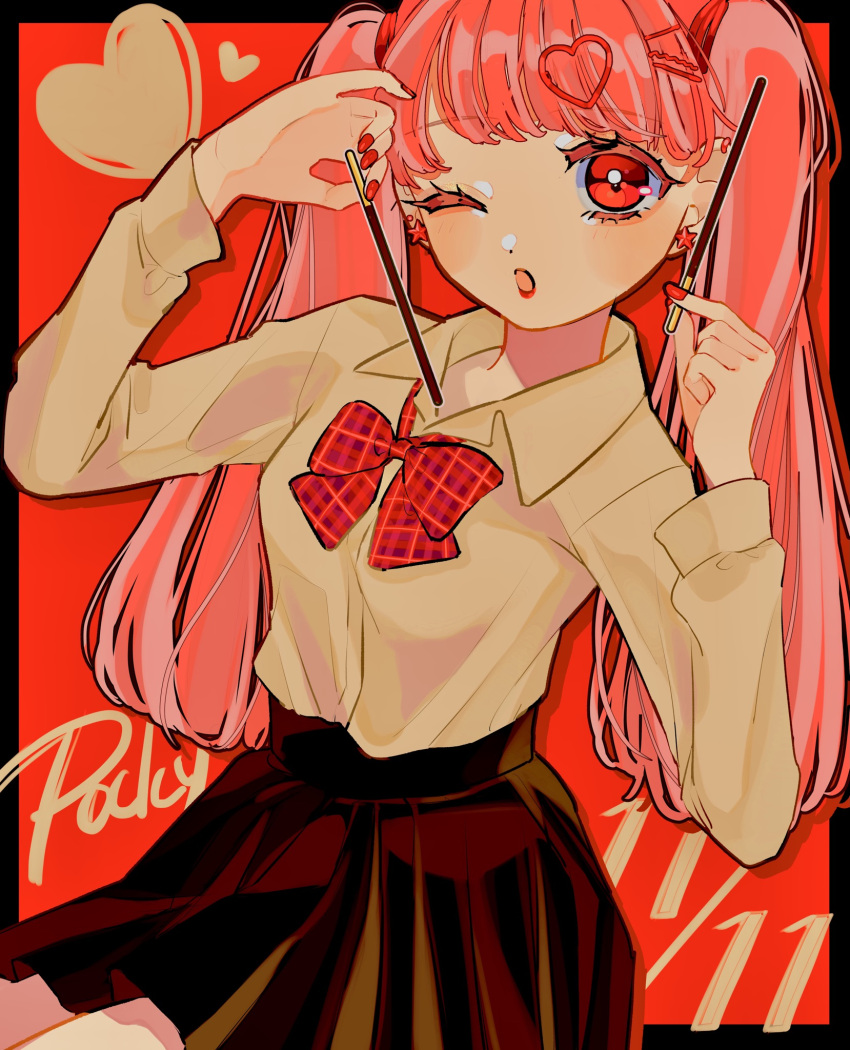1girl, ;o, amaharu_wasure, black_border, black_skirt, border, bow, bowtie, breasts, brown_shirt, collared_shirt, colored_eyelashes, commentary, ear_piercing, fingernails, food, hair_ornament, hairclip, heart, heart_hair_ornament, highres, holding, holding_food, holding_pocky, long_hair, nail_polish, one_eye_closed, original, piercing, pink_hair, plaid_bow, plaid_bowtie, plaid_clothes, pleated_skirt, pocky, pocky_day, red_background, red_bow, red_bowtie, red_eyes, red_lips, red_nails, shirt, skirt, solo, star_(symbol), symbol-only_commentary, timestamp, twintails