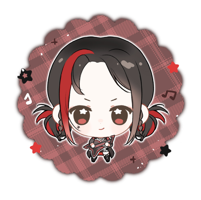 1girl, baonu_de_zhanshen_caibutou, black_boots, black_coat, black_hair, black_ribbon, black_shirt, black_skirt, black_socks, boots, braid, brown_eyes, chibi, chinese_commentary, closed_mouth, coat, commentary_request, counterflow_concerto_(infinity_nikki), dot_nose, double_bun, electric_guitar, facial_tattoo, forehead, guitar, hair_bun, happy, highres, infinity_nikki, instrument, kneehighs, leg_ribbon, light_particles, long_sleeves, looking_at_viewer, miniskirt, multicolored_hair, music, musical_note, nikki_(series), outline, pencil_skirt, plaid_background, playing_guitar, playing_instrument, punk, red_background, red_hair, ribbon, shirt, short_hair, side_braids, single_kneehigh, single_sock, skirt, smirk, socks, solo, sparkle, standing, star_(symbol), star_in_eye, star_tattoo, straight-on, streaked_hair, symbol_in_eye, tattoo, twin_braids, two-sided_coat, two-sided_fabric, two-tone_background, two-tone_hair, v-shaped_eyebrows, white_background, white_outline