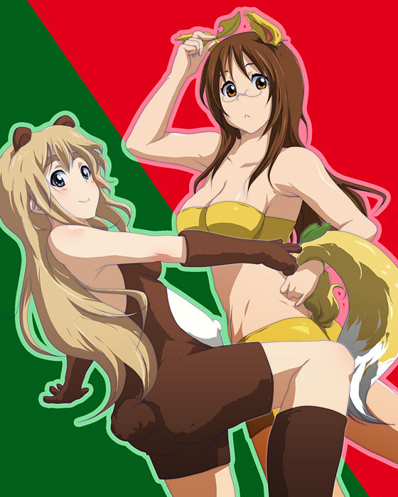 2girls, 71, animal_costume, animal_ears, bare_shoulders, bear_costume, blonde_hair, breasts