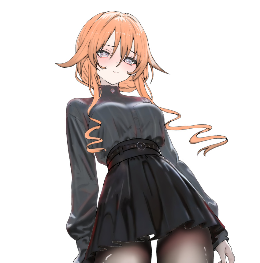 1girl, absurdres, black_skirt, blue_eyes, breasts, date_a_live, dress_shirt, drill_hair, drill_sidelocks, highres, long_hair, long_sleeves, looking_at_viewer, medium_breasts, multicolored_hair, orange_hair, shirt, sidelocks, skirt, smile, solo, streaked_hair, white_background, yamai_yuzuru, yoshi_mcswagger