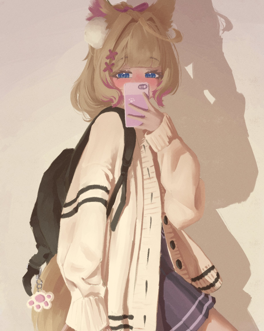 1girl, animal_ear_fluff, animal_ears, blonde_hair, blue_eyes, blue_skirt, cardigan, cellphone