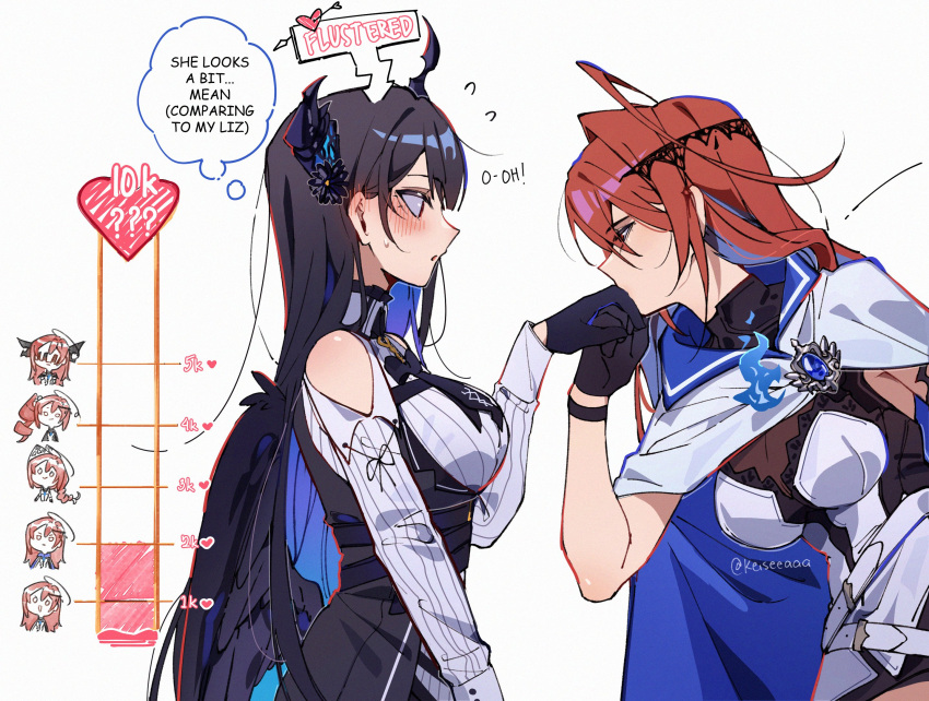 2girls, arrow_through_heart, black_gloves, black_hair, blue_cape, blue_hair, blush, cape