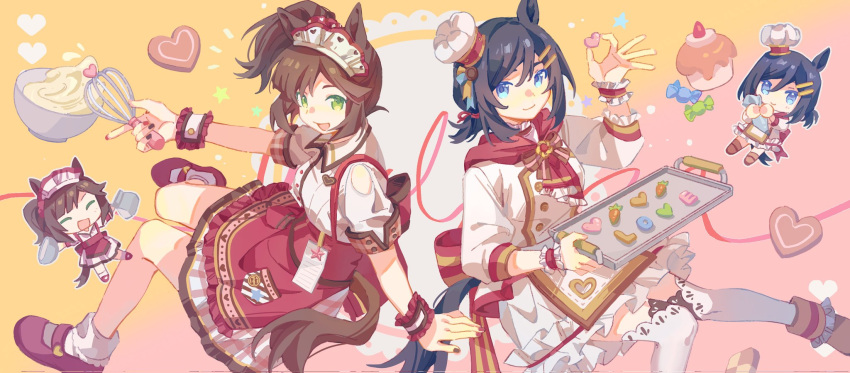 2girls, animal_ears, baking_sheet, black_hair, blue_eyes, bobby_socks, boots, bow, bowl, bowtie, breasts, brown_hair, chef_hat, chibi, chibi_inset, closed_mouth, cookie, cupcake, dress, eishin_flash_(collect_chocolatier)_(umamusume), eishin_flash_(umamusume), food, green_eyes, hair_ornament, hairclip, hat, heart, heart-shaped_cookie, heart-shaped_food, heichicc47, highres, holding, holding_tray, horse_ears, horse_girl, horse_tail, ines_fujin_(melty_gift)_(umamusume), ines_fujin_(umamusume), long_sleeves, looking_at_viewer, mini_chef_hat, multiple_girls, notice_lines, open_mouth, red_shoes, shirt, shoes, short_hair, short_sleeves, side_ponytail, skirt, small_breasts, smile, socks, star_(symbol), suspender_skirt, suspenders, tail, thigh-highs, tray, umamusume, visor_cap, whisk, white_dress, white_shirt, white_socks, white_thighhighs, wrist_cuffs