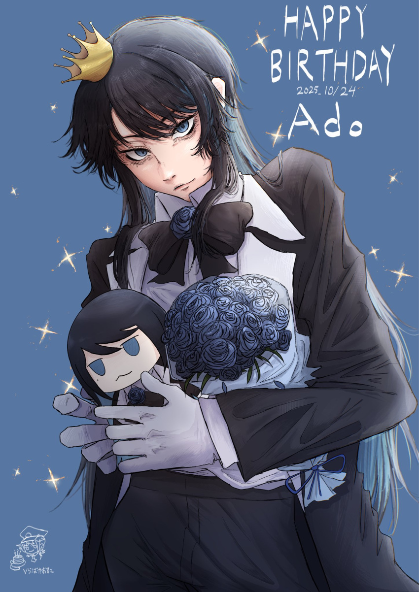 1girl, ado_(utaite), alt_text, black_bow, black_bowtie, black_coat, black_hair, blue_background