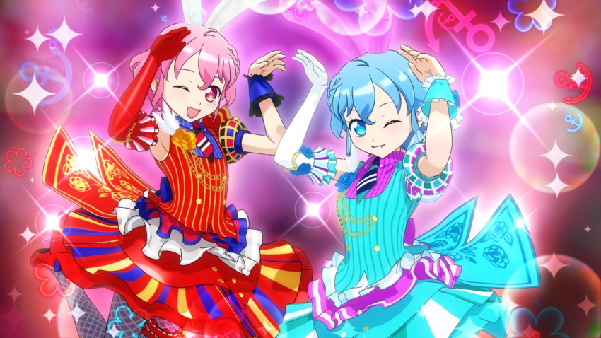 1boy, 1girl, 3d, :d, animal_ear_hairband, animal_ears, arms_up, black_leotard, blue_dress, blue_eyes, blue_hair, blush, braid, brother_and_sister, crossdressing, crossdressing_(mtf), dorothy_west, dress, fake_animal_ears, frilled_dress, frilled_shirt, frills, grin, hairband, highleg, highleg_leotard, leotard, looking_at_viewer, mole, mole_under_eye, official_art, one_eye_closed, open_mouth, otudane, pantyhose, pink_eyes, pink_hair, playboy_bunny, pretty_series, pripara, puffy_short_sleeves, puffy_sleeves, rabbit_ear_hairband, rabbit_ears, rabbit_pose, red_dress, reona_west, shirt, short_hair, short_sleeves, siblings, side_braid, skirt, smile, sparkle, sparkling_aura, trap, twins