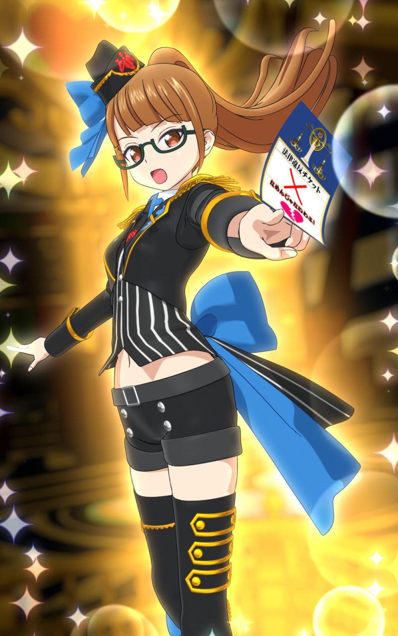 1girl, 3d, black-framed_eyewear, black_shoes, black_shorts, blue_bow, blue_ribbon, blunt_bangs