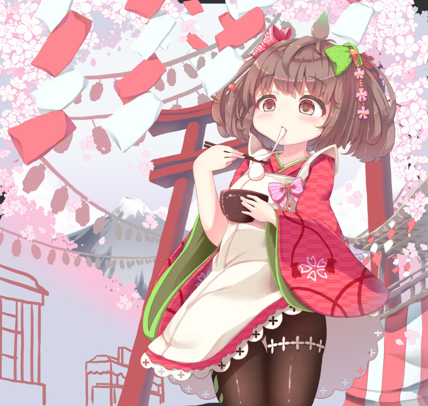 1girl, apron, bowl, brown_eyes, brown_hair, brown_pantyhose, cherry_blossoms, child