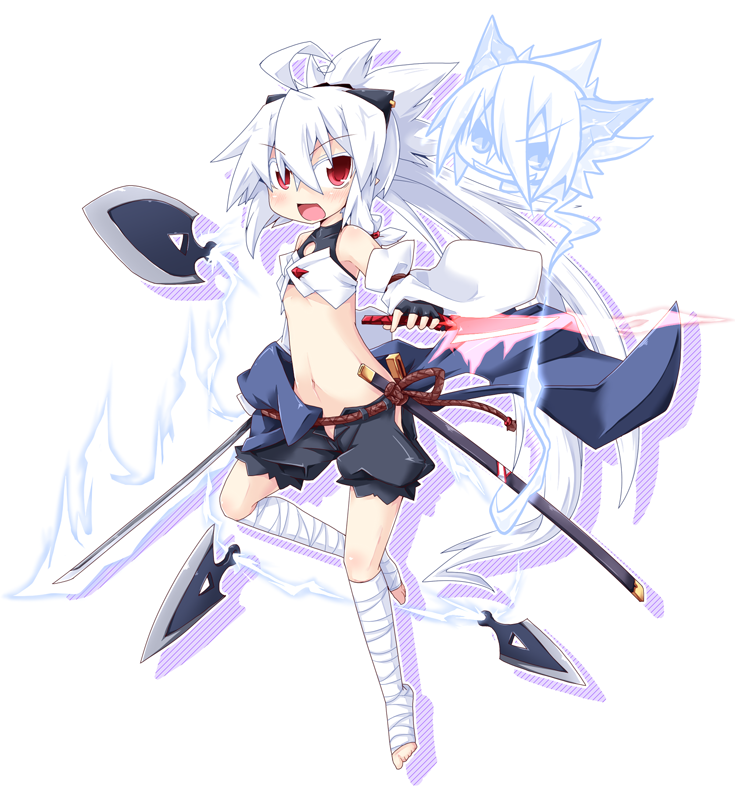 bandage, bandages, detached_sleeves, dual_wielding, flat_chest, ghost, horns, katana