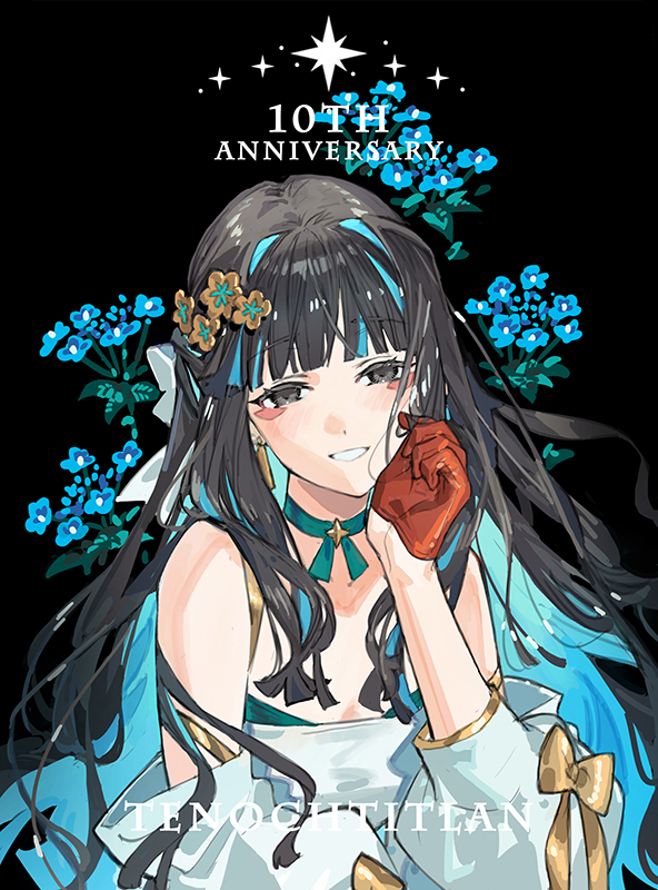 1girl, anniversary, bare_shoulders, black_background, black_eyes, black_hair, blue_flower, blue_hair, blunt_bangs, blunt_ends, bow, character_name, chinese_commentary, choker, colored_inner_hair, commentary_request, detached_sleeves, dress, earrings, english_text, facial_mark, fate/grand_order, fate_(series), flower, gloves, green_choker, hair_bow, hair_ornament, half_gloves, hand_in_own_hair, hand_up, jewelry, long_hair, looking_at_viewer, mark_under_both_eyes, multicolored_hair, parted_lips, red_gloves, simple_background, sleeveless, sleeveless_dress, smile, solo, star_(symbol), starshadowmagician, streaked_hair, tenochtitlan_(celebratory_attire)_(fate), tenochtitlan_(fate), three-quarter_sleeves, upper_body, white_bow, white_dress