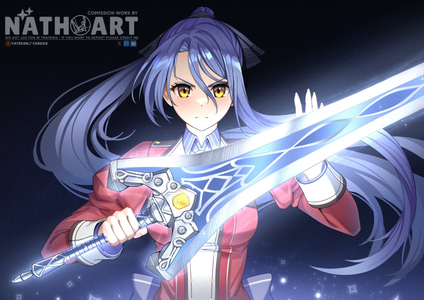 1girl, absurdres, artist_name, back_bow, bow, commission, curtained_hair, eiyuu_densetsu
