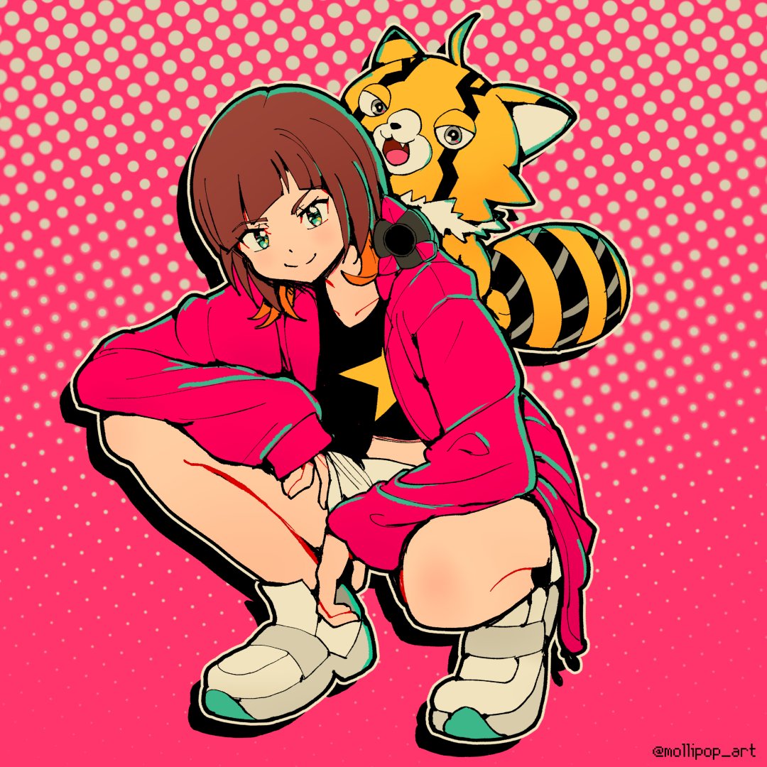 1girl, animate_object, black_shirt, brown_hair, digimon, digimon_(creature), digimon_beatbreak, full_body