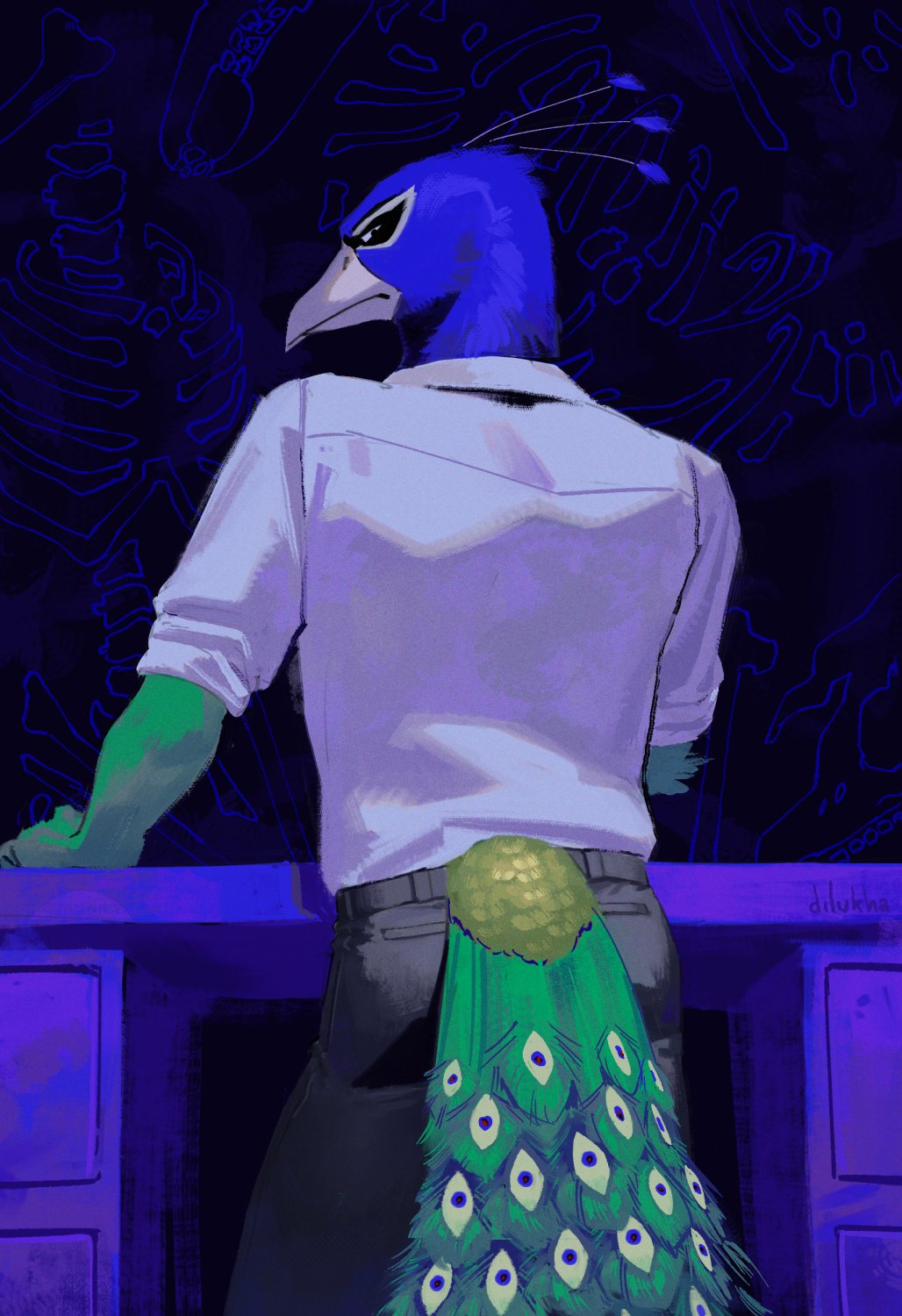 1boy, bird_boy, black_eyes, cowboy_shot, desk, dilukha_(nyaalgebra), english_commentary, from_behind
