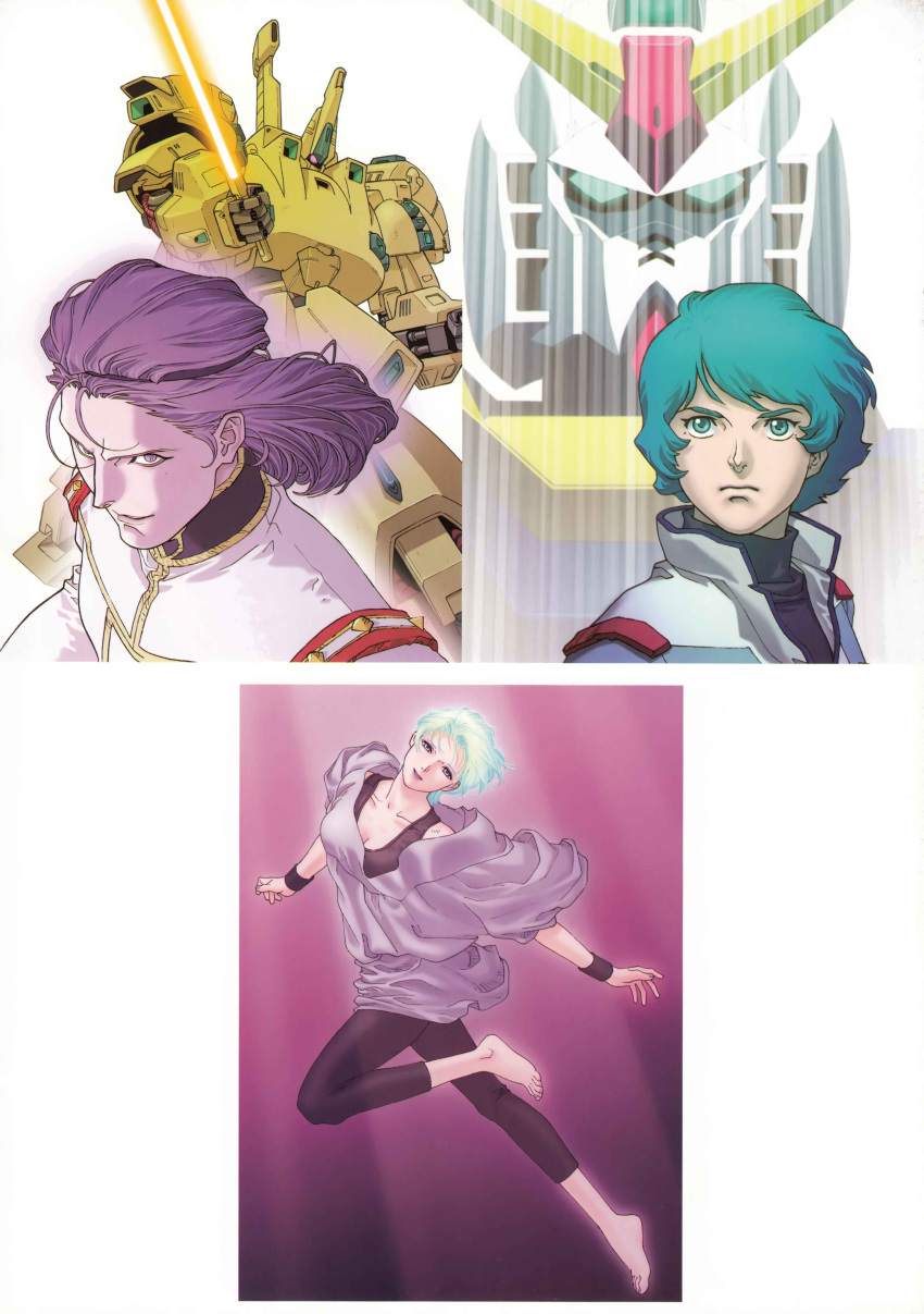 1980s_fashion, 1girl, 2boys, absurdres, aeug, aqua_hair, barefoot, blue_eyes