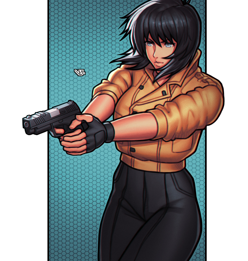 1girl, absurdres, black_gloves, black_hair, black_pants, blue_eyes, fingerless_gloves, ghost_in_the_shell