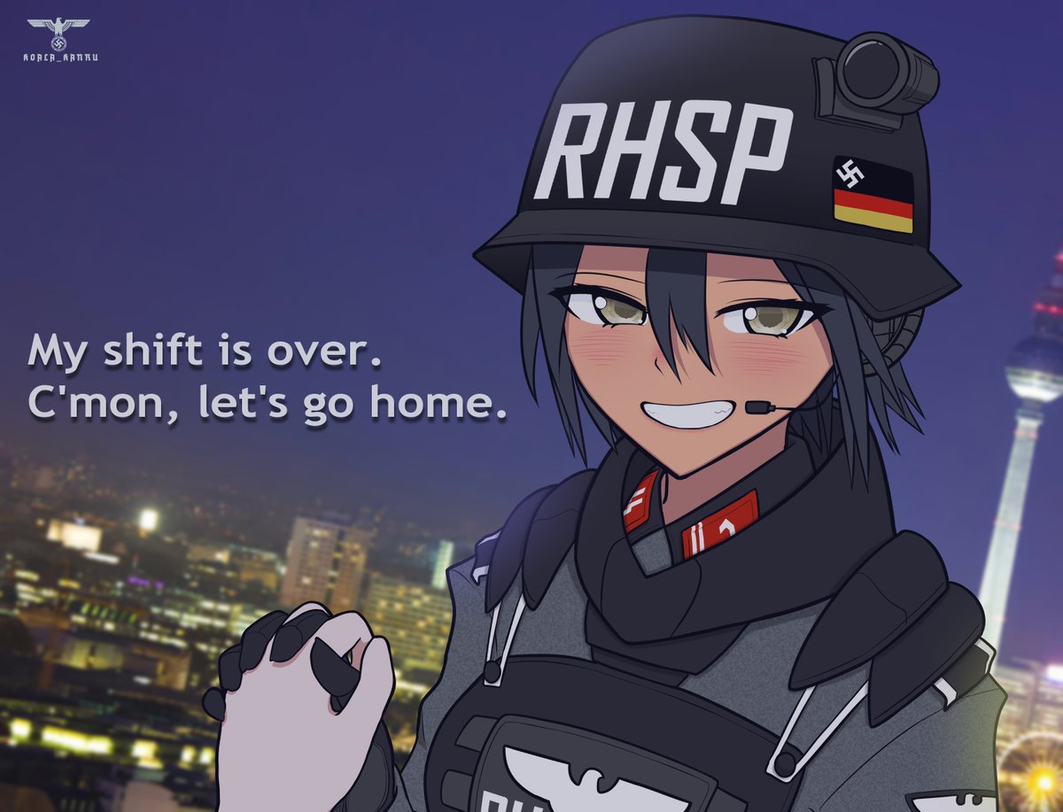 1girl, artist_name, black_gloves, black_hair, blush, body_armor, combat_helmet, german_flag