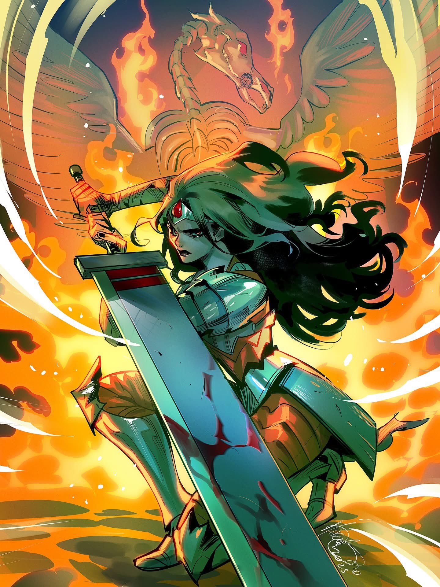1girl, absolute_dc, absolute_wonder_woman, animal_skeleton, armored_boots, black_hair, blood, blood_on_weapon