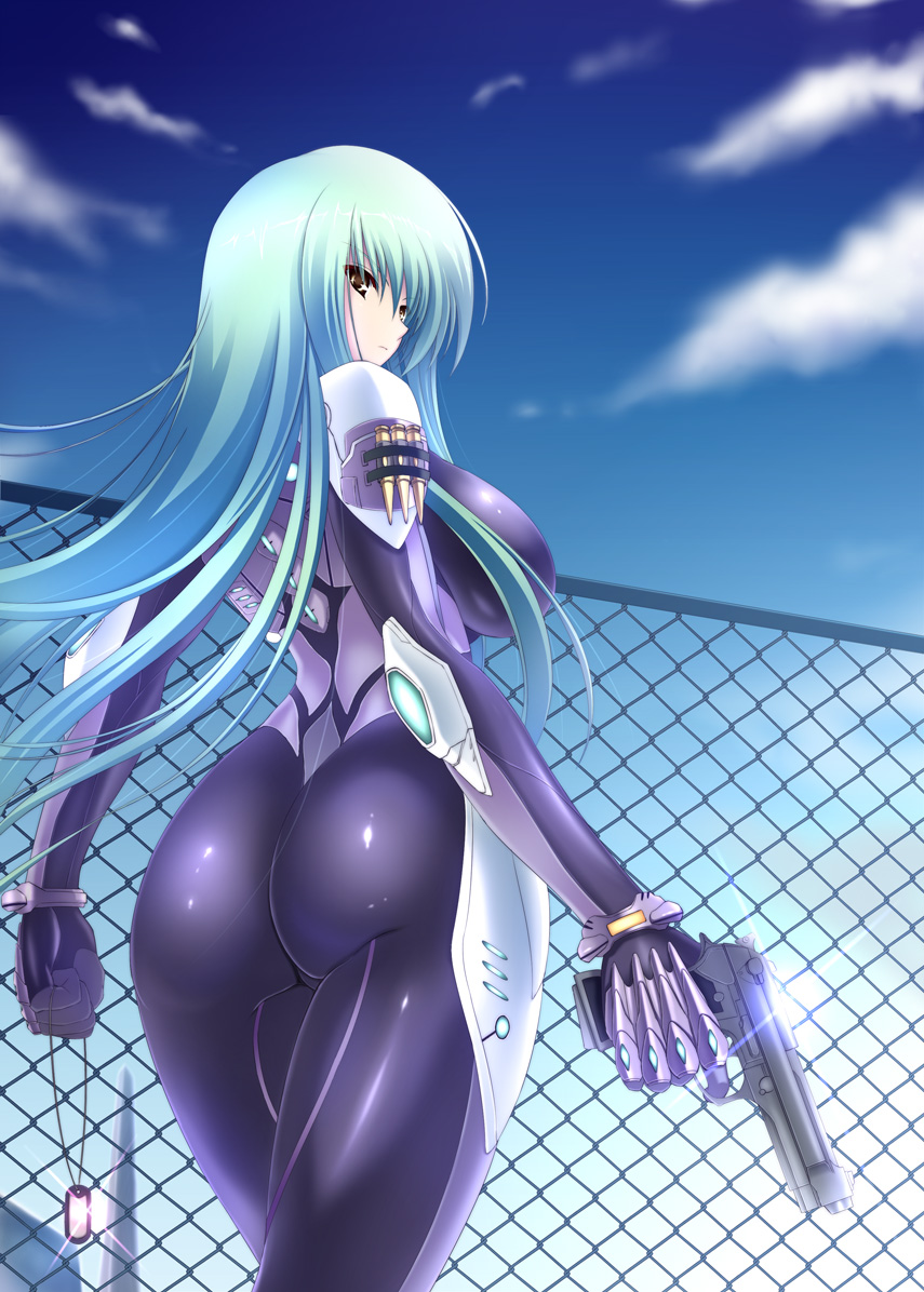 ass, beretta_92, blue_hair, bodysuit, breasts, brown_eyes, cloud, clouds