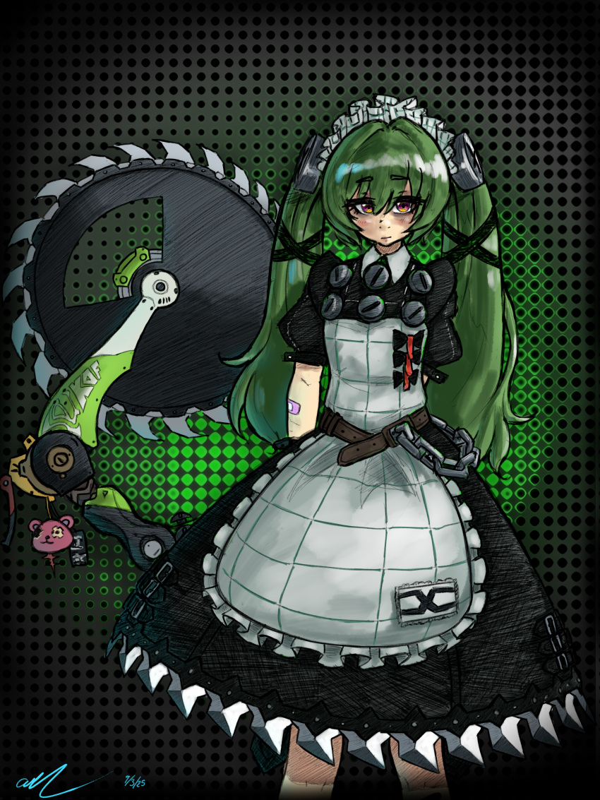 1girl, absurdres, aidan_(sakuyaenjoyer), apron, bandaid, bandaid_on_arm, belt, black_background, black_dress, blush, chain, circular_saw, corin_wickes, dress, green_background, green_hair, hair_between_eyes, highres, holding, holding_saw, holding_weapon, long_hair, looking_at_viewer, maid, maid_headdress, puffy_short_sleeves, puffy_sleeves, saw, screw_hair_ornament, short_sleeves, solo, twintails, two-tone_background, violet_eyes, weapon, white_apron, zenless_zone_zero