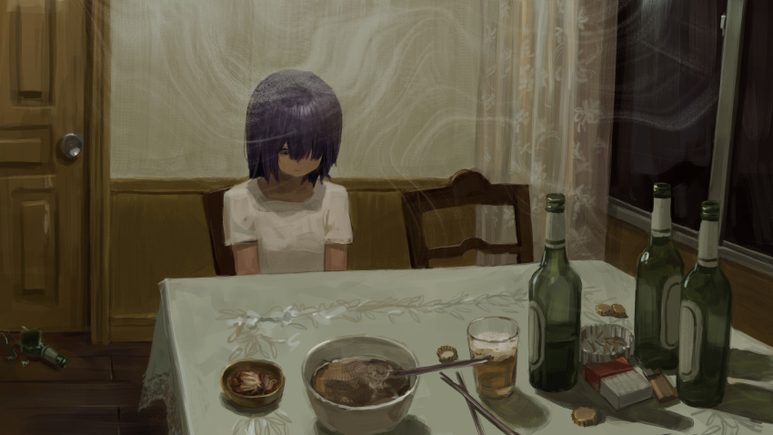 1girl, absurdres, alcohol, an_yb, ashtray, bags_under_eyes, beer, beer_bottle