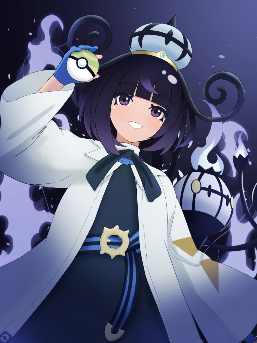 1girl, absurdres, black_bow, black_bowtie, black_dress, black_hair, blue_gloves, blunt_bangs