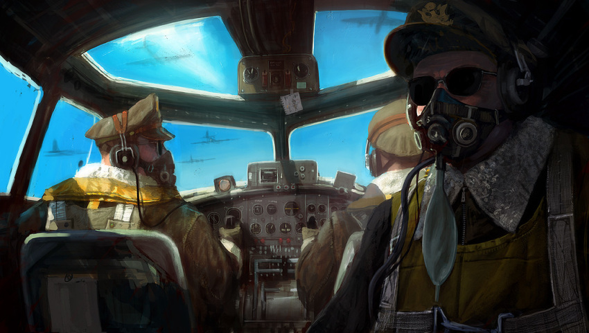3boys, b-17_flying_fortress, blue_sky, cockpit, edouard_groult, hat, headset, looking_at_viewer, military_uniform, military_vehicle, multiple_boys, original, peaked_cap, pilot, pov_cockpit, shadow, sky, sunglasses, sunlight, vehicle_interior, window, world_war_ii
