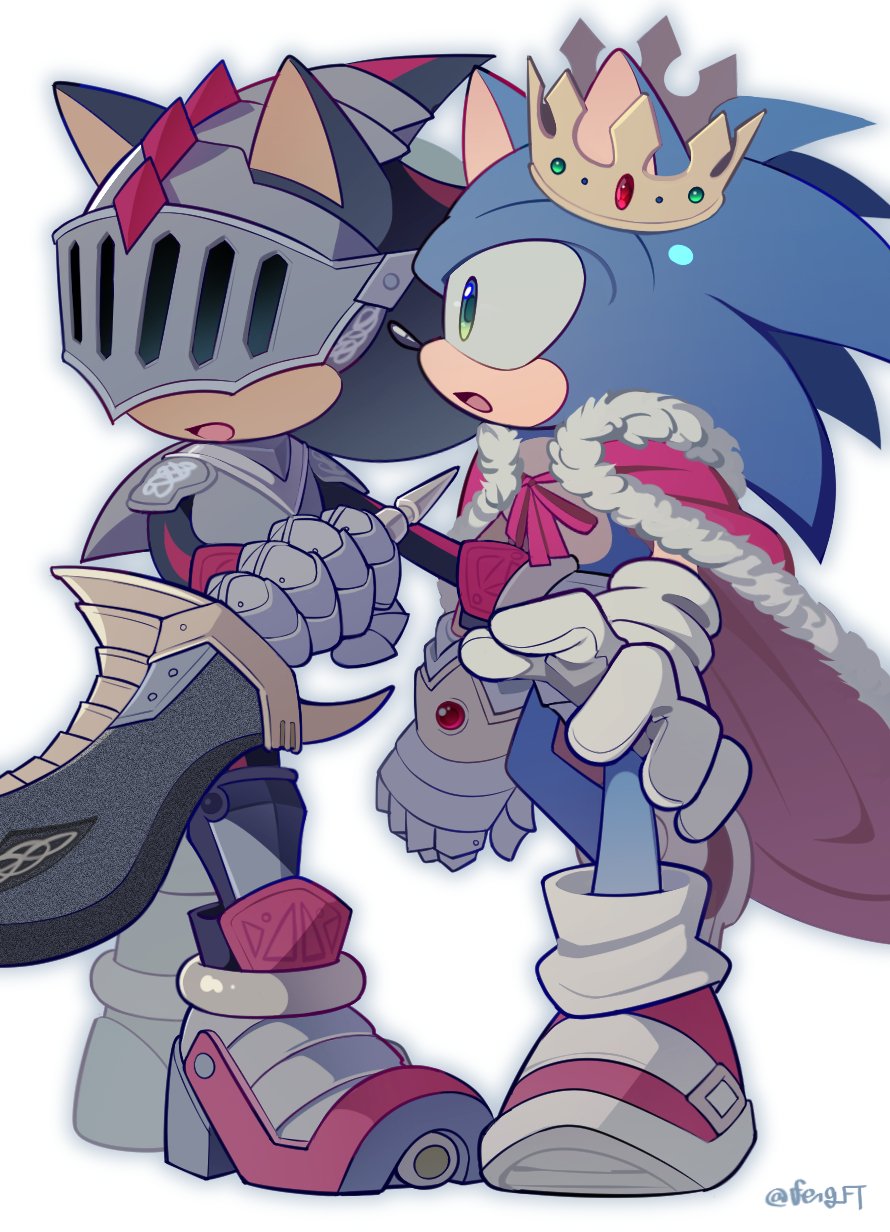 2boys, :o, animal_nose, armored_boots, arondight_(sonic), artist_name, black_fur, blue_fur