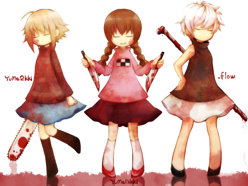 .flow, 3girls, blonde_hair, blood, braid, brown_hair, chainsaw, closed_eyes
