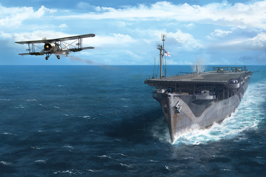 aircraft, aircraft_carrier, airplane, biplane, blue_sky, clouds, cloudy_sky, day
