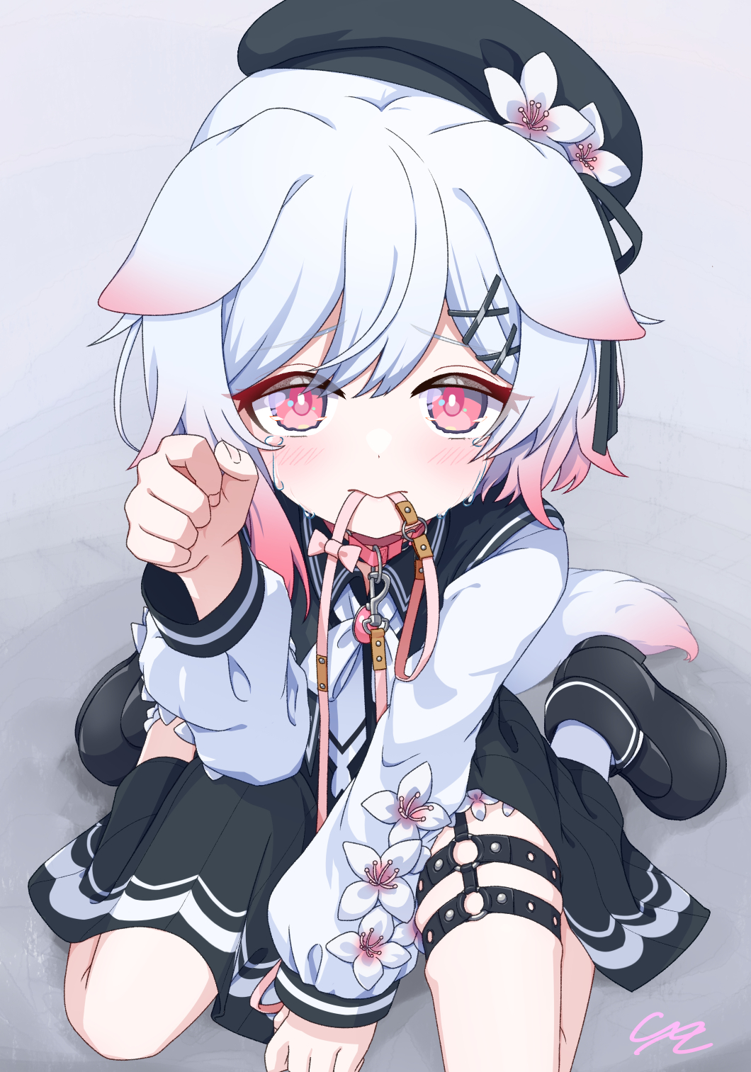 1girl, animal_ears, beret, between_legs, black_dress, black_hat, black_shoes, cherry_blossoms, collar, commentary_request, cxe, dog_ears, dog_tail, dress, flower, gradient_hair, hair_flower, hair_ornament, hand_between_legs, hat, hat_flower, highres, kemonomimi_mode, leash_in_mouth, long_sleeves, looking_at_viewer, mahou_shoujo_no_majo_saiban, mouth_hold, multicolored_hair, neck_ribbon, o-ring, o-ring_thigh_strap, paw_pose, pink_collar, pink_eyes, pink_hair, ribbon, sakuraba_ema, shoes, short_hair, sitting, solo, tail, thigh_strap, white_flower, white_hair, white_ribbon, x_hair_ornament