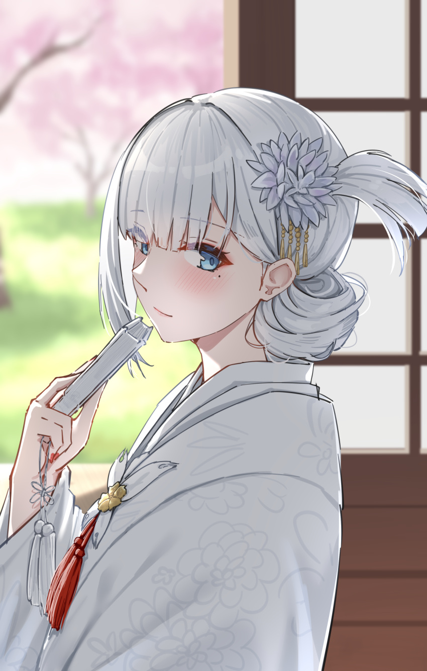 1girl, absurdres, alternate_costume, azur_lane, blue_eyes, blurry, blurry_background, blush