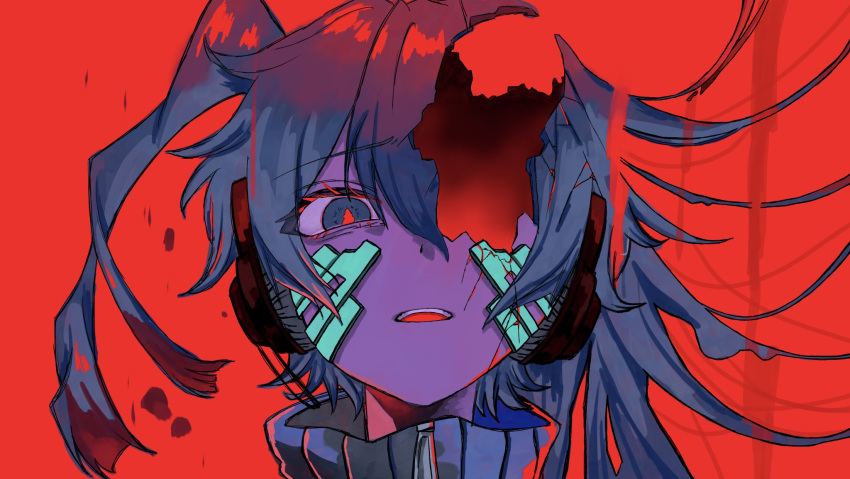 1girl, blue_eyes, blue_hair, ene_(kagerou_project), hair_half_undone, headphones, highres, hole_in_head