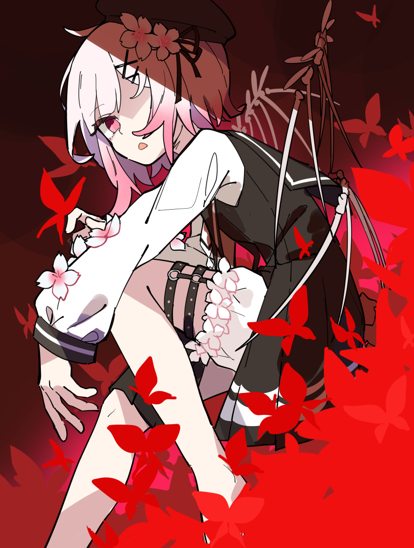 1girl, 33puruspa, absurdres, beret, black_dress, black_hat, black_ribbon, bug