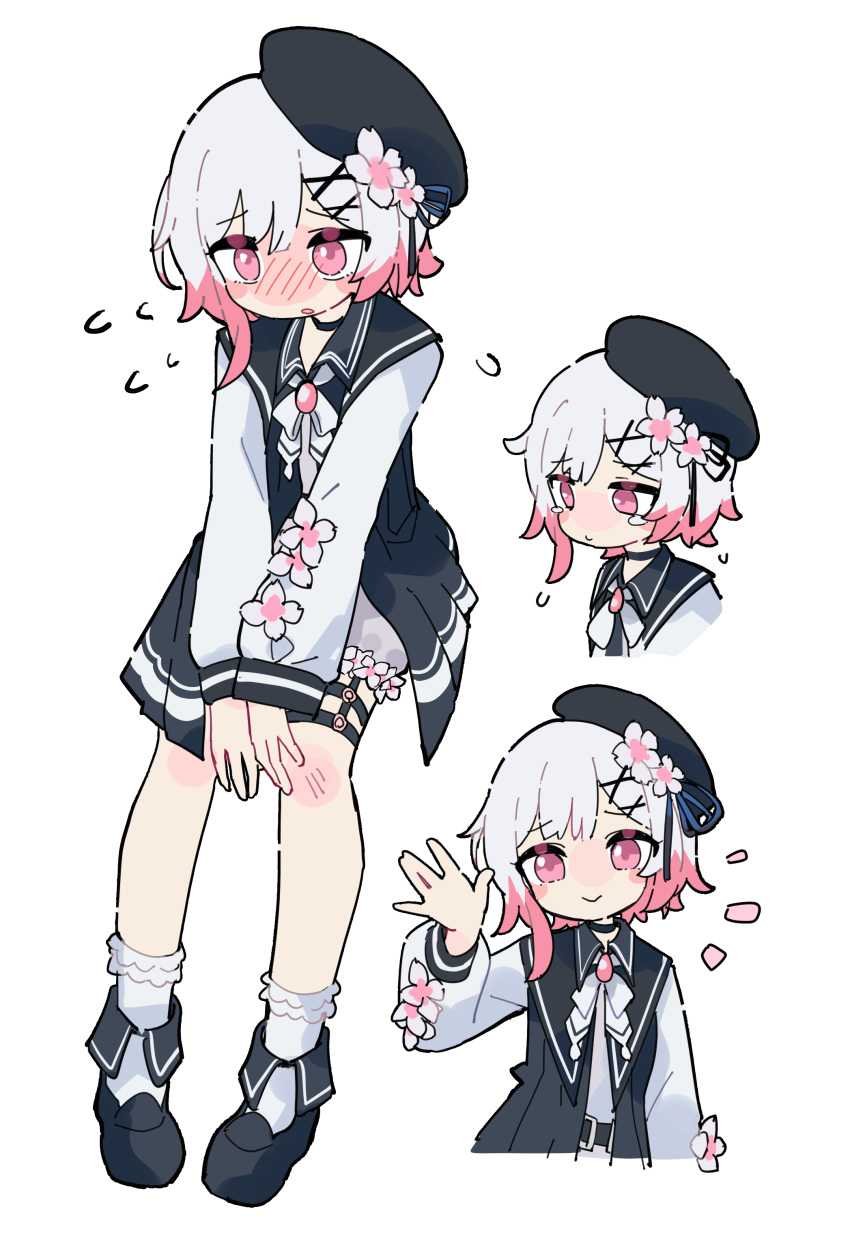 1girl, 33puruspa, \||/, absurdres, beret, black_choker, black_dress, black_hat, black_shoes, blush, bobby_socks, bug, butterfly, chinese_commentary, choker, closed_mouth, commentary_request, dress, flower, flower_ornament, flying_sweatdrops, full_body, gradient_hair, hair_ornament, hat, hat_flower, highres, long_sleeves, looking_at_viewer, magical_girl, mahou_shoujo_no_majo_saiban, multicolored_hair, multiple_views, nose_blush, parted_lips, pink_eyes, pink_hair, red_butterfly, sakuraba_ema, shirt, shoes, simple_background, smile, socks, tearing_up, thigh_strap, white_background, white_flower, white_hair, white_shirt, white_socks, x_hair_ornament