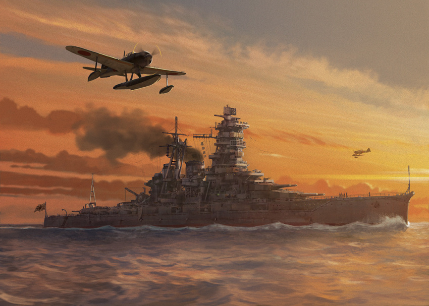 aircraft, airplane, battleship, edouard_groult, evening, kongou_(battleship), military_vehicle, ocean