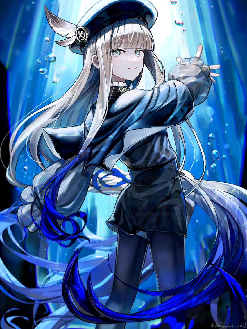 1boy, beret, black_capelet, black_hat, black_shorts, blonde_hair, blue_hair, blush