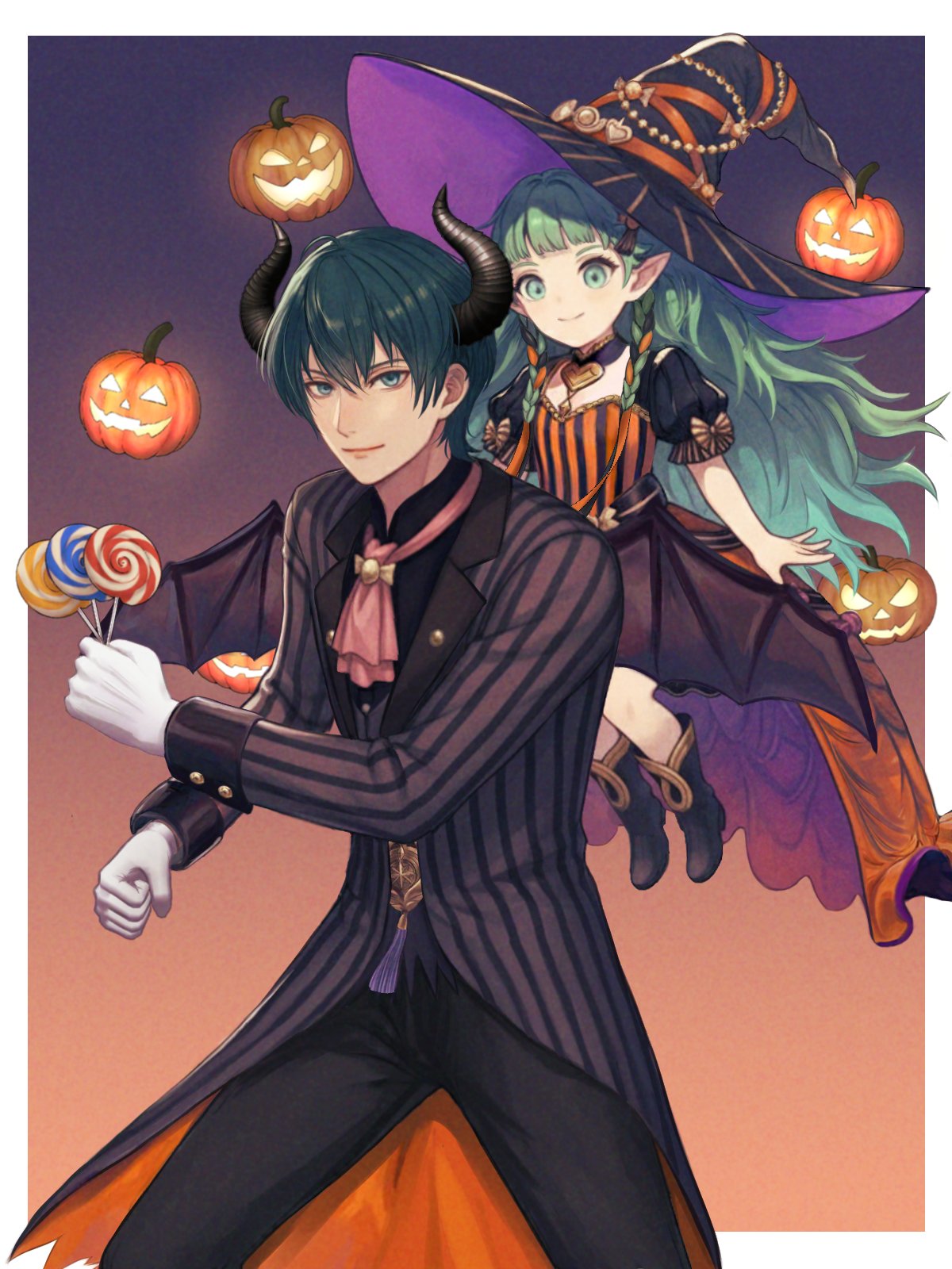 1boy, 1girl, ascot, black_pants, black_shirt, blue_eyes, blue_hair, braid