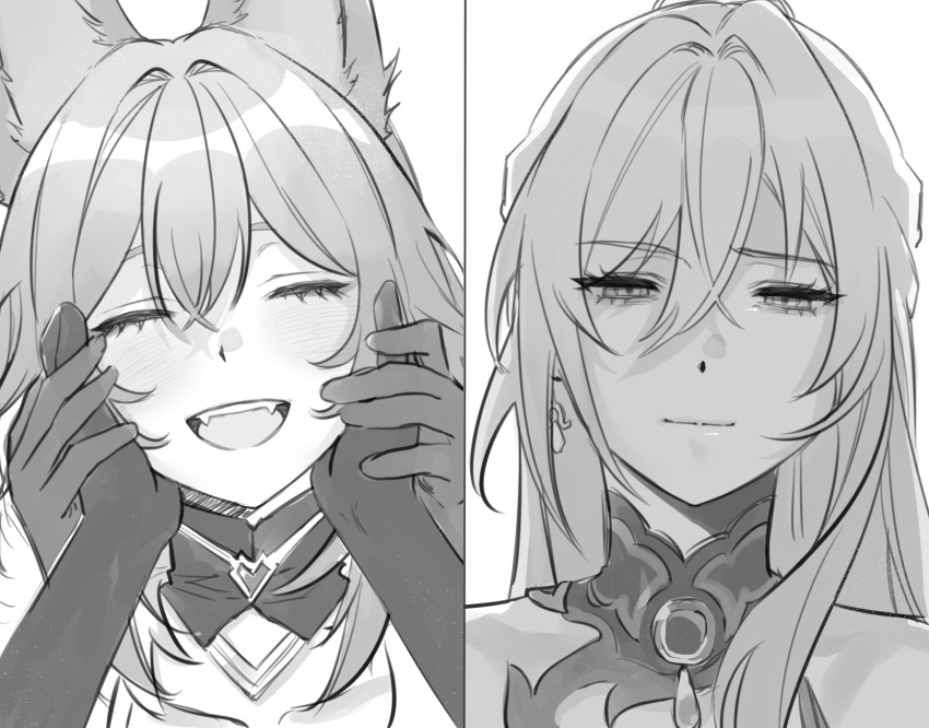2girls, animal_ears, baiheng_(honkai:_star_rail), blush, closed_eyes, detached_collar, earrings, fangs