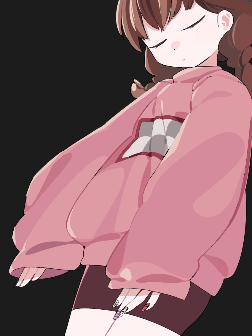 1girl, bike_shorts, black_background, braid, brown_hair, closed_eyes, fingernails, highres