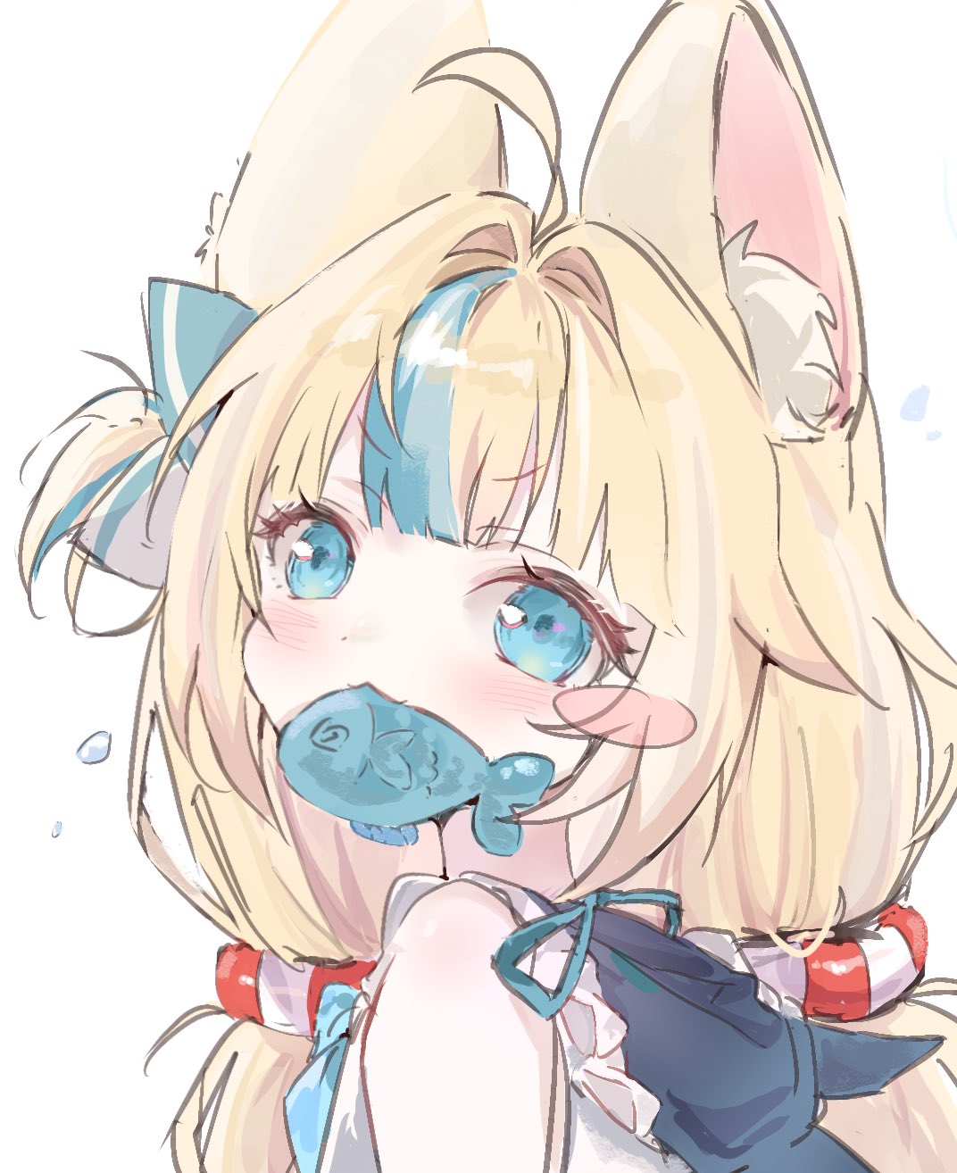 1girl, ahoge, animal_ears, blonde_hair, blue_eyes, blue_hair, blue_streaks, blunt_bangs