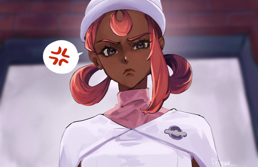 1girl, anger_vein, dark-skinned_female, dark_skin, feiyuu, frown, hair_rings, highres