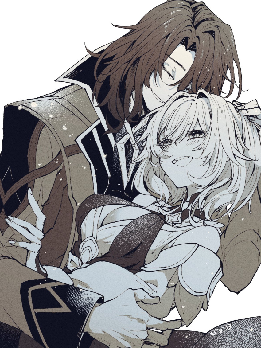 1boy, 1girl, ambystomaknell, breasts, dress, genshin_impact, hair_between_eyes, happy