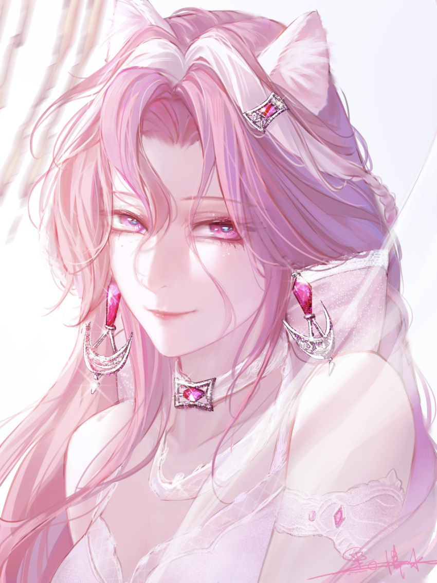1girl, absurdres, animal_ears, bare_shoulders, blurry, blurry_background, camisole, cat_ears, choker, collarbone, curtained_hair, earrings, eyeliner, glitter_makeup, hair_between_eyes, heibai_bangbing, highres, jasmine_(path_to_nowhere), jewelry, looking_at_viewer, makeup, mole, mole_under_eye, multicolored_hair, official_alternate_costume, parted_bangs, path_to_nowhere, pink_eyeliner, pink_eyes, pink_hair, portrait, smile, solo, streaked_hair, white_camisole, white_choker