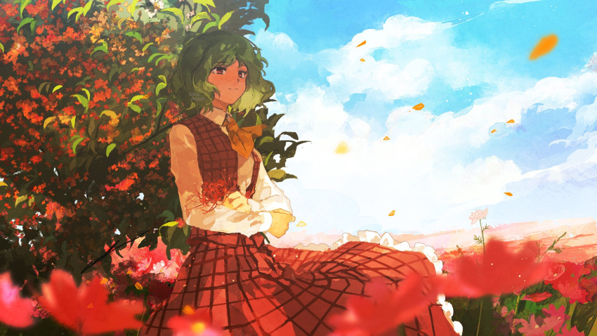 1girl, ascot, field, flower, flower_field, green_hair, highres, kazami_yuuka, looking_to_the_side, open_clothes, open_vest, parasol, plaid_clothes, plaid_skirt, plaid_vest, red_vest, second-party_source, skirt, skirt_set, smile, solo, sunflower, sunflower_field, touhou, umbrella, uninosono, vest, yellow_ascot