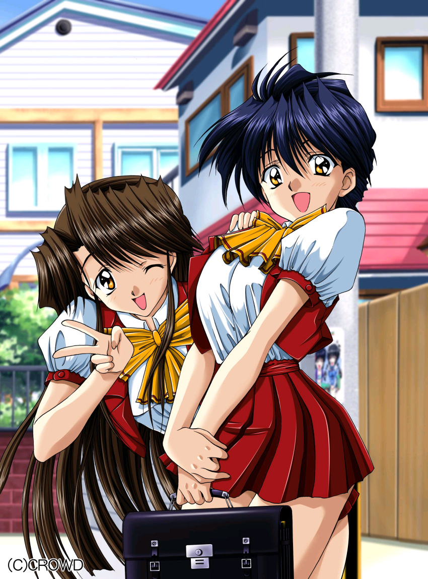 :d, ;d, absurdres, aihara_takuya, akazaki_yasuma, breasts, briefcase, brown_hair