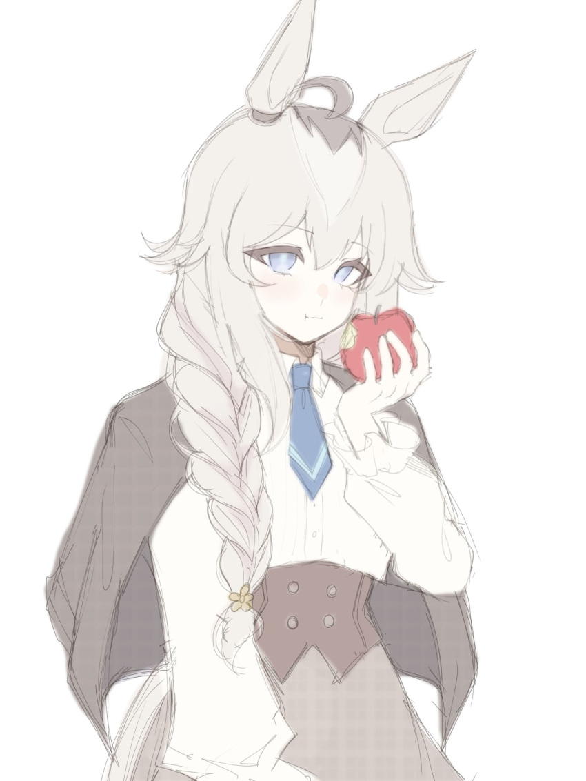 1girl, ahoge, alternate_costume, animal_ears, apple, blue_eyes, blue_necktie, braid