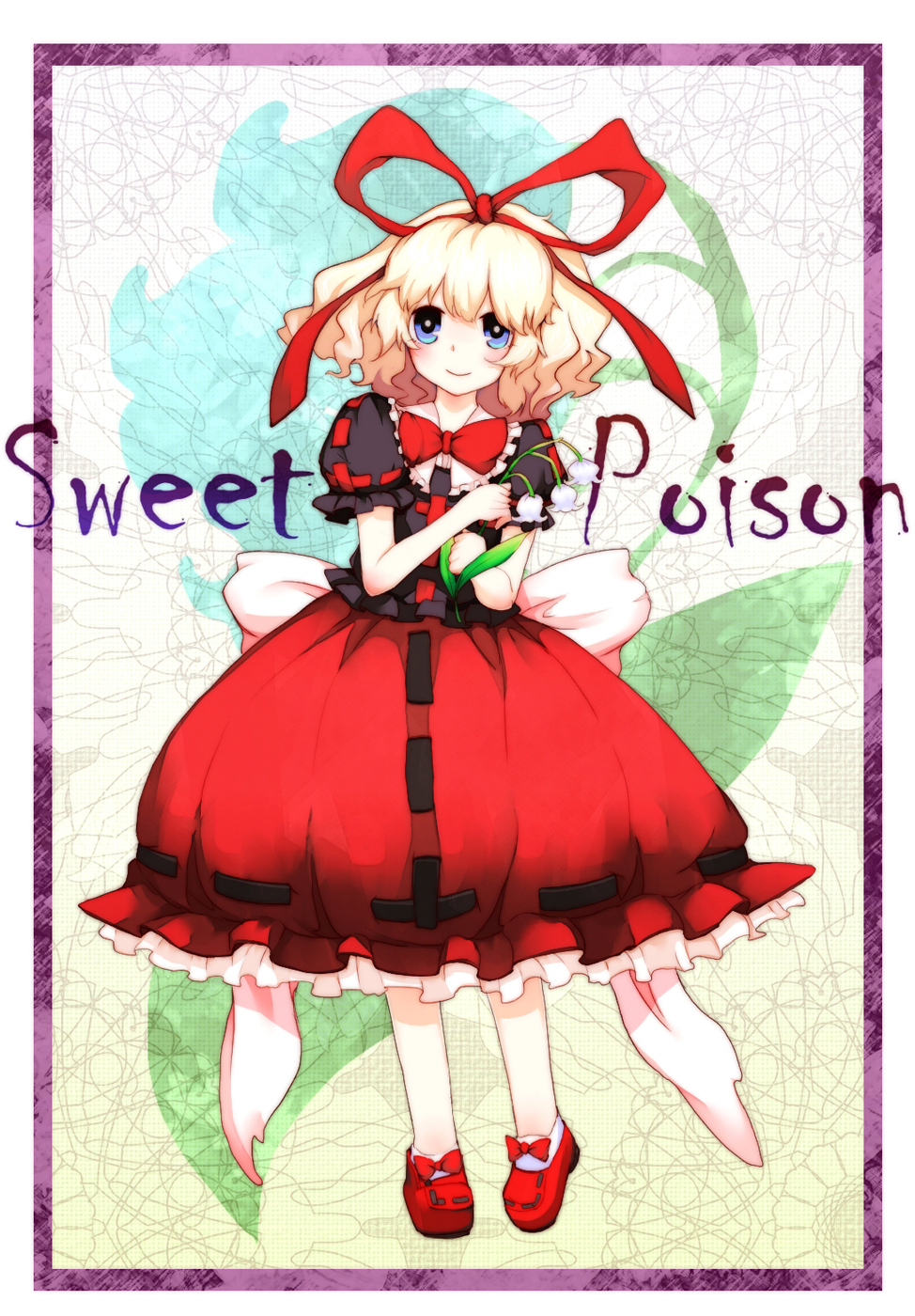 blonde_hair, blush, bow, bubble_skirt, dress, hair_bow, highres, medicine_melancholy