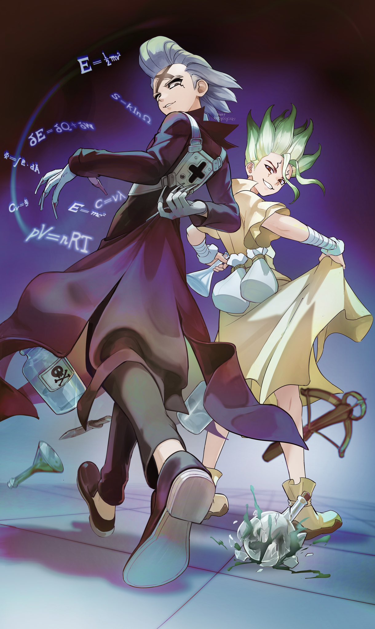 2boys, arm_behind_back, black_boots, black_pants, boots, chemical_structure, chemicals, dr._stone, full_body, gisigisisi, green_hair, highres, holding, holding_cloth, ishigami_senkuu, long_hair, long_sleeves, looking_at_viewer, multiple_boys, pants, red_eyes, simple_background, smile, weapon, white_hair, xeno_(dr.stone)