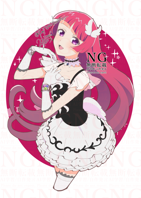 1girl, :d, black_shirt, blunt_bangs, choker, commentary_request, cropped_legs, gloves, hands_up, hojo_sophy, kajitani_kou, layered_skirt, long_hair, looking_at_viewer, open_mouth, pretty_series, pripara, red_hair, shirt, skirt, smile, solo, sparkle, standing, violet_eyes, white_choker, white_gloves, white_skirt