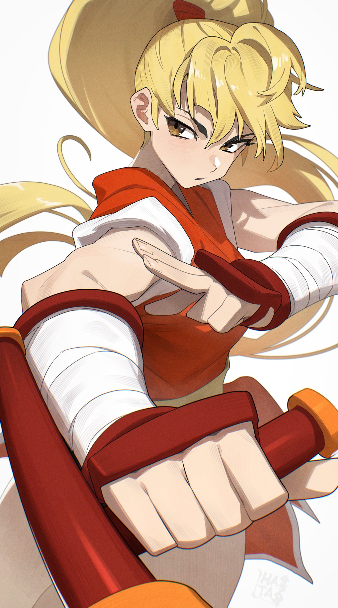 1girl, bandaged_arm, bandages, blonde_hair, breasts, brown_eyes, dougi, fighting_stance