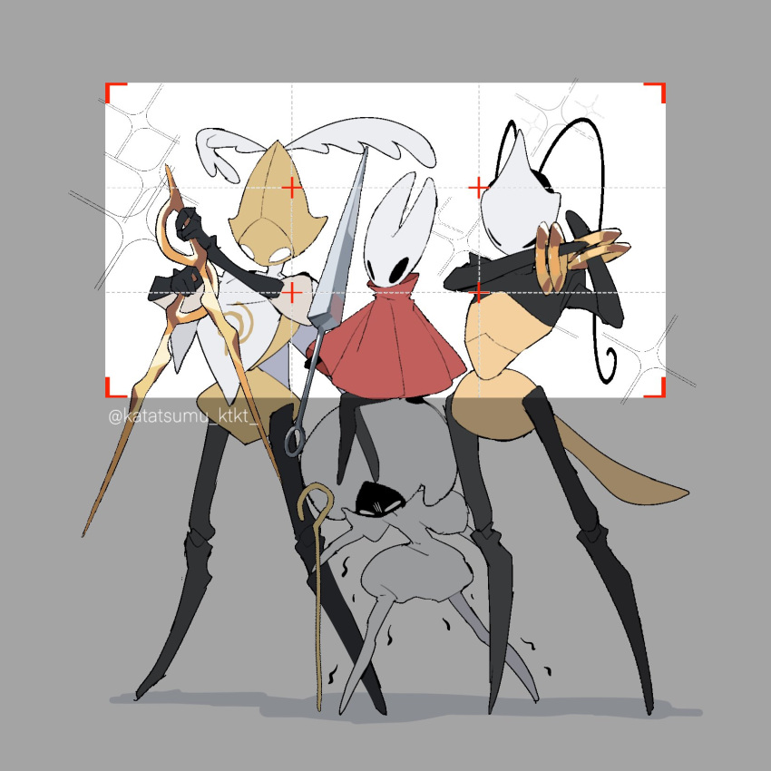 1other, 3girls, arthropod_girl, black_skin, blank_eyes, cloak, colored_skin, commentary